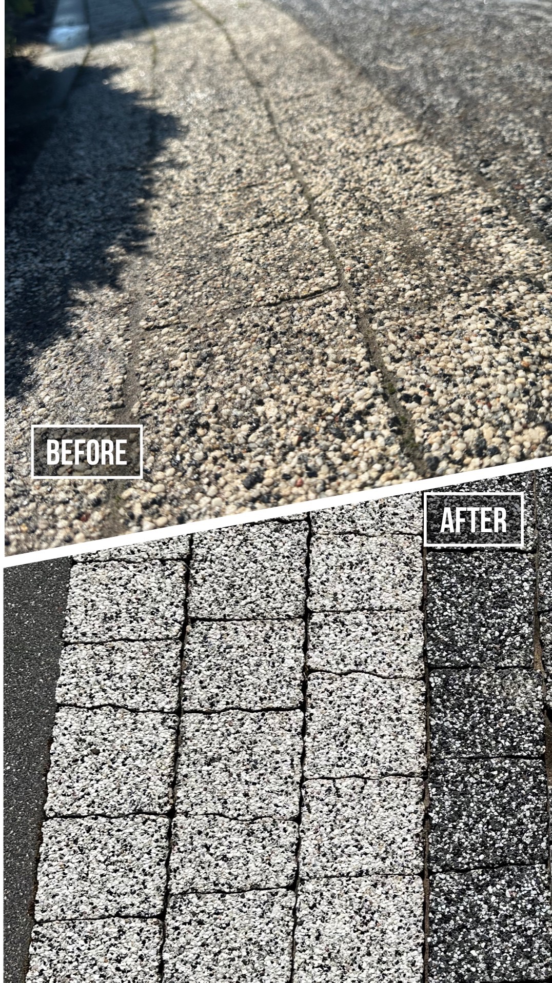 Porównanie stanu kostki brukowej przed i po czyszczeniu: górna część zdjęcia pokazuje zabrudzoną powierzchnię, dolna część prezentuje odświeżoną kostkę o wyraźniejszym kolorze.