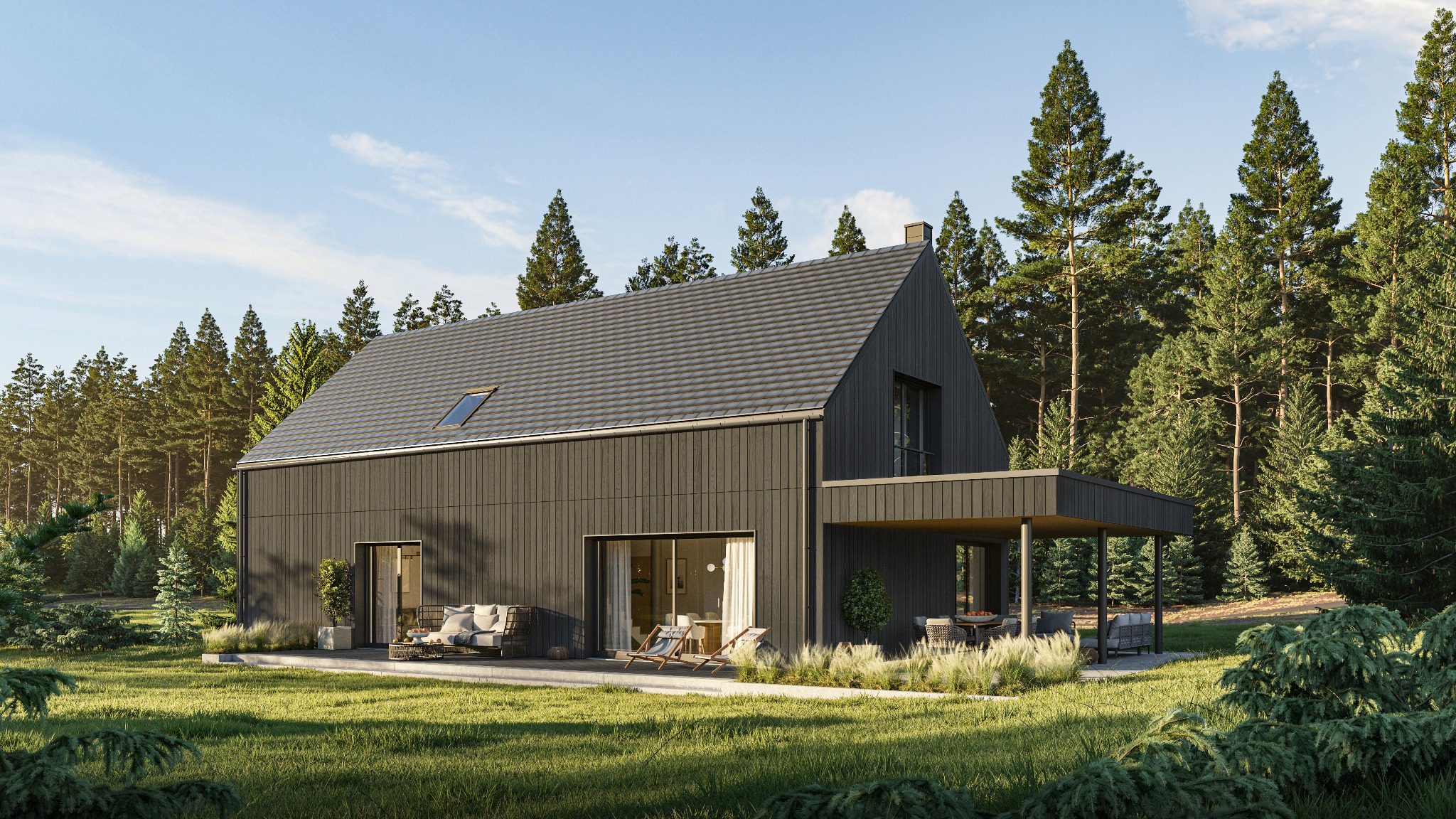 Nowoczesny dom z ciemną elewacją i szarym dachem, otoczony zielenią. Widoczne duże okna, taras z meblami ogrodowymi i wysokie drzewa w tle. Minimalistyczny design.