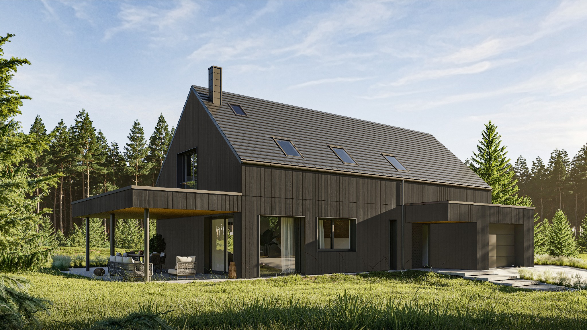 Wizualizacja nowoczesnego domu z ciemną, drewnianą elewacją i dużymi oknami, otoczonego zielenią lasu i trawnika. Widoczny taras z meblami wypoczynkowymi.