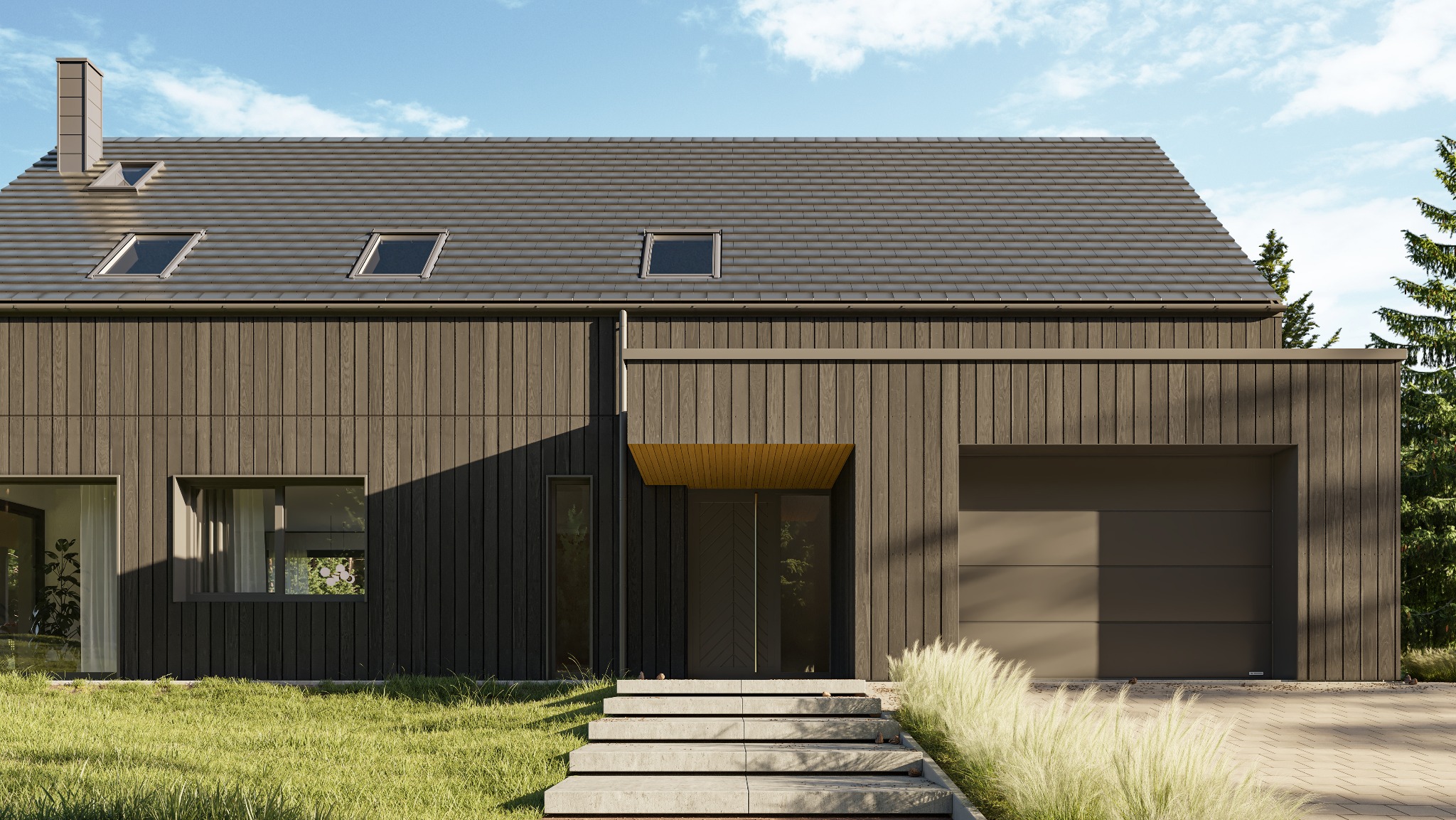 Nowoczesny dom jednorodzinny z drewnianą elewacją w odcieniach brązu, z garażem i schodami wejściowymi, otoczony zielenią i błękitnym niebem.