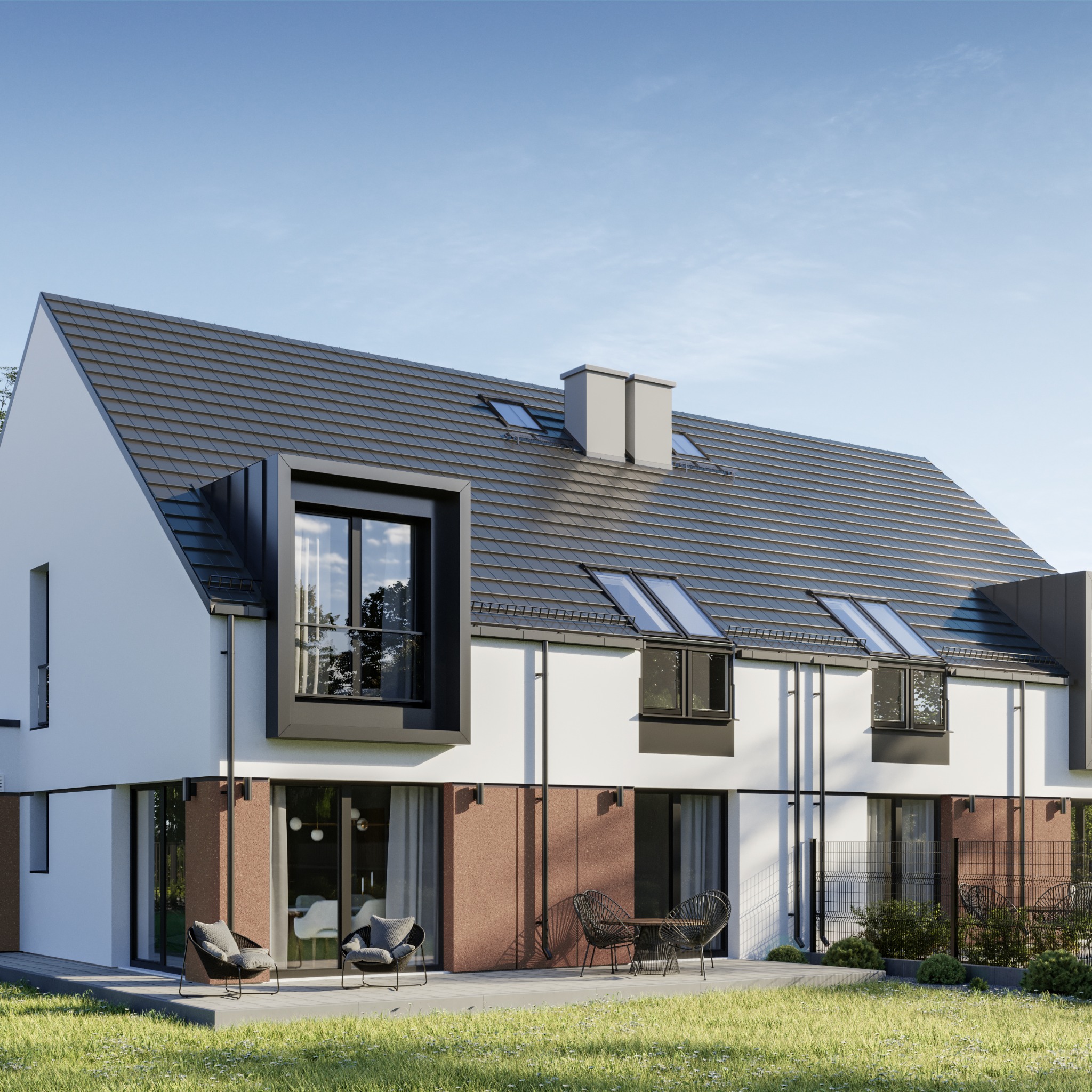 Wizualizacja nowoczesnego domu szeregowego z płaskim dachem, dużymi oknami i tarasem z meblami ogrodowymi. Jasna elewacja kontrastuje z ciemną stolarką okienną.