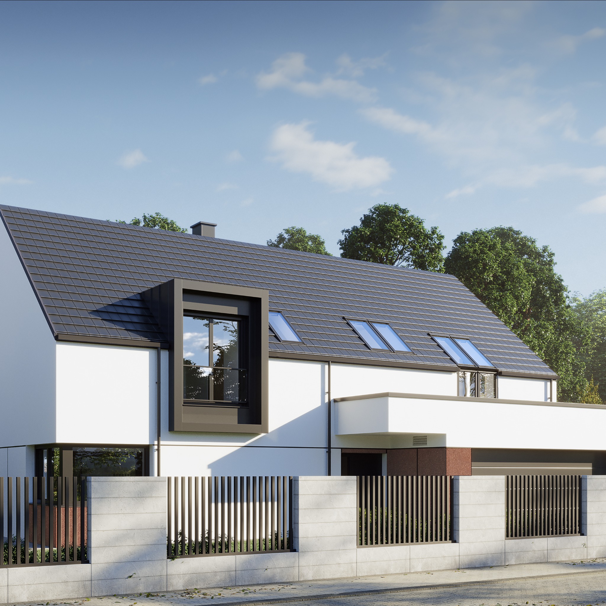 Nowoczesny dom jednorodzinny z płaskim dachem i oknami dachowymi, otoczony ogrodzeniem z elementami betonowymi i metalowymi, w słoneczny dzień.