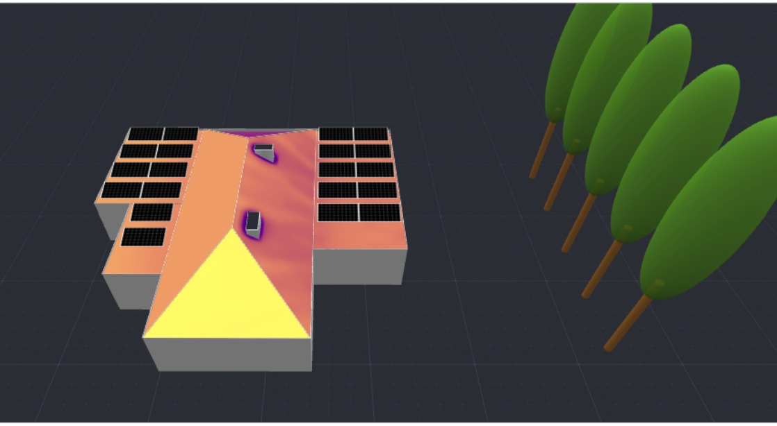 Wizualizacja 3D domu z panelami słonecznymi na dachu, analiza nasłonecznienia w odcieniach żółci i czerwieni, rząd stylizowanych drzew w tle.