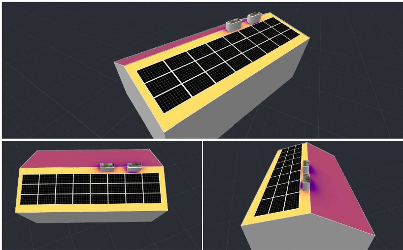 Wizualizacja 3D budynku z panelami słonecznymi na dachu, widoczne z trzech różnych perspektyw, z uwzględnieniem detali jak rozmieszczenie paneli i elementy wentylacyjne.