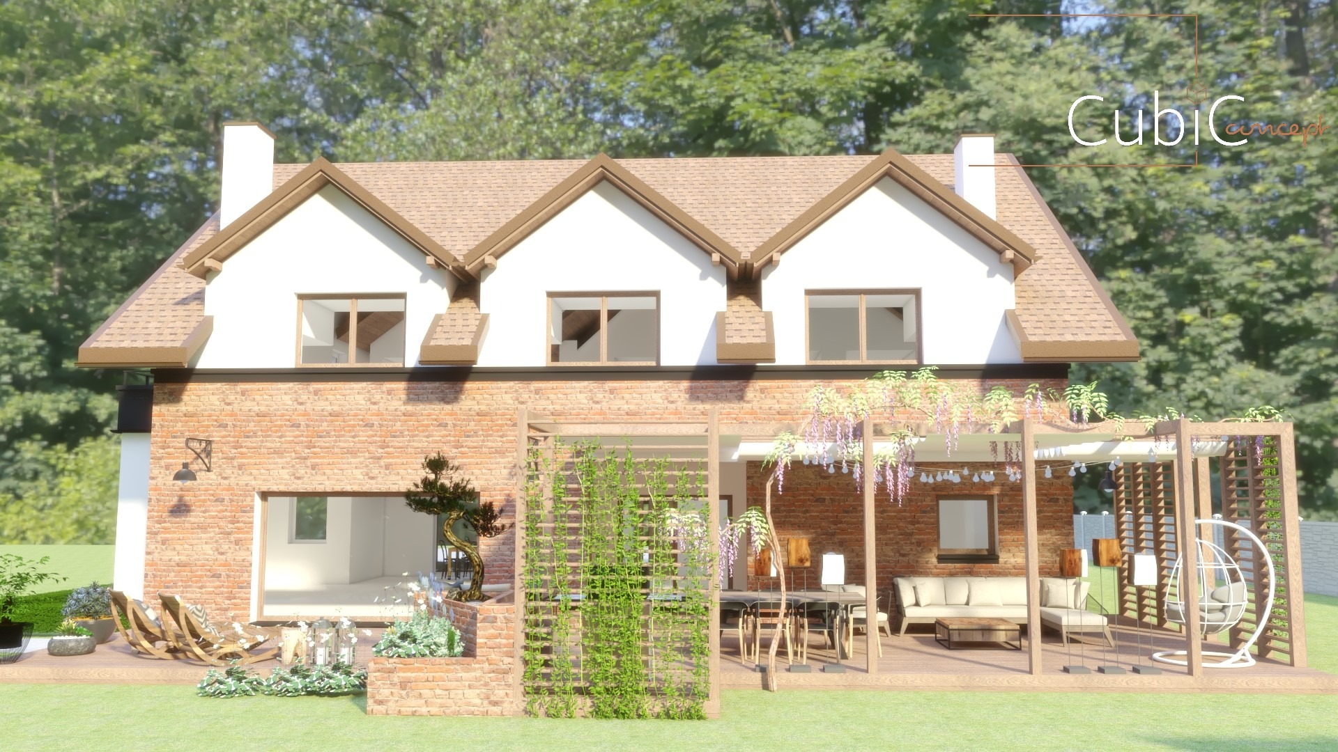Wizualizacja domu z ceglaną elewacją, drewnianą pergolą porośniętą roślinnością, meblami ogrodowymi i huśtawką wiszącą na tarasie.