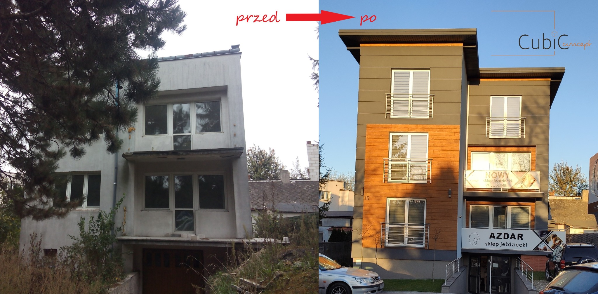 Porównanie budynku przed i po renowacji: od zaniedbanego, białego domu z porośniętą roślinnością do nowoczesnego, trzypiętrowego budynku z szarą i drewnianą elewacją, małymi balkonami i witrynami...
