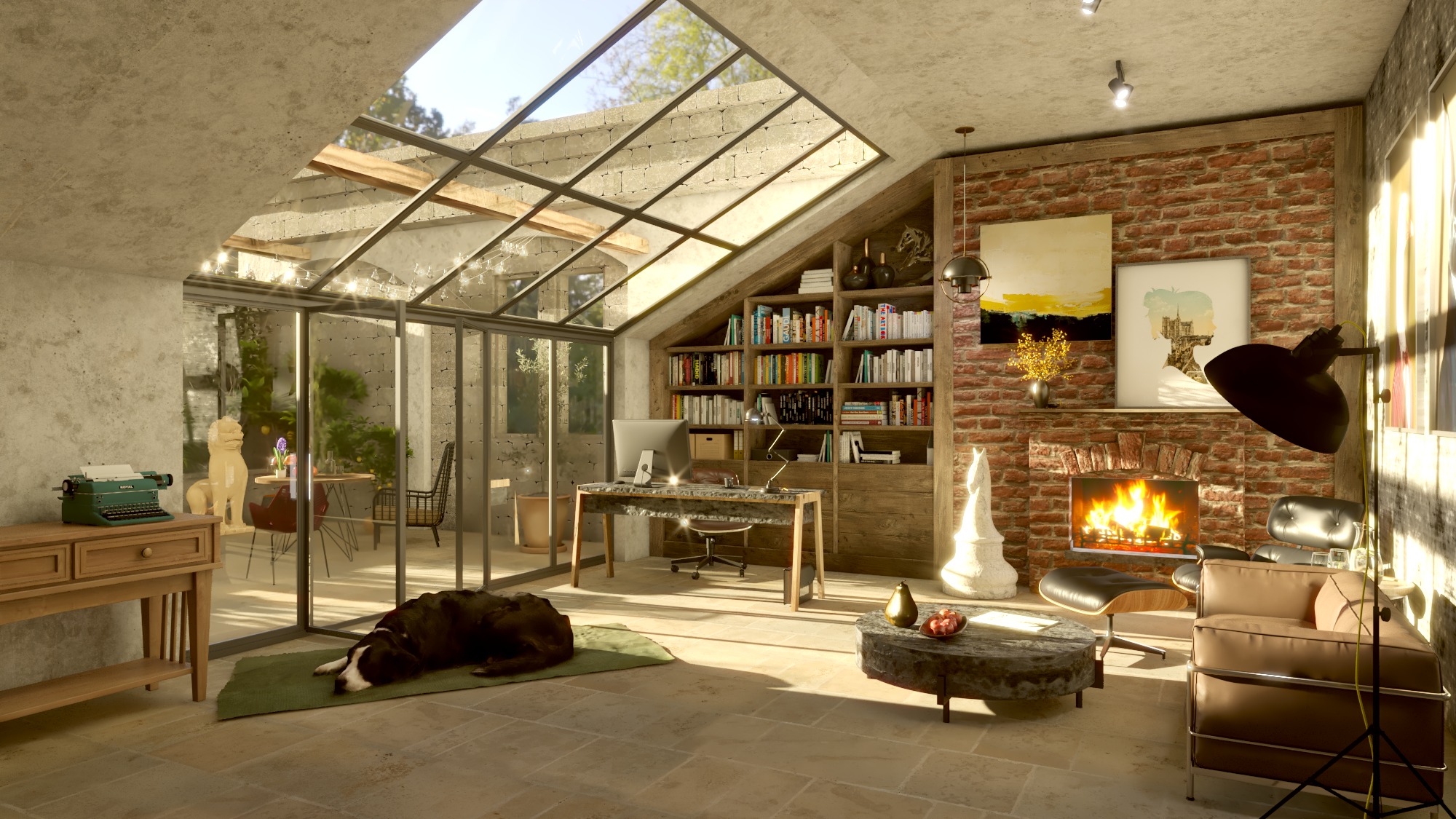 Jasne, przestronne wnętrze poddasza z przeszklonym dachem, ceglaną ścianą z kominkiem, biurkiem z komputerem, regałem z książkami i śpiącym psem na dywanie.