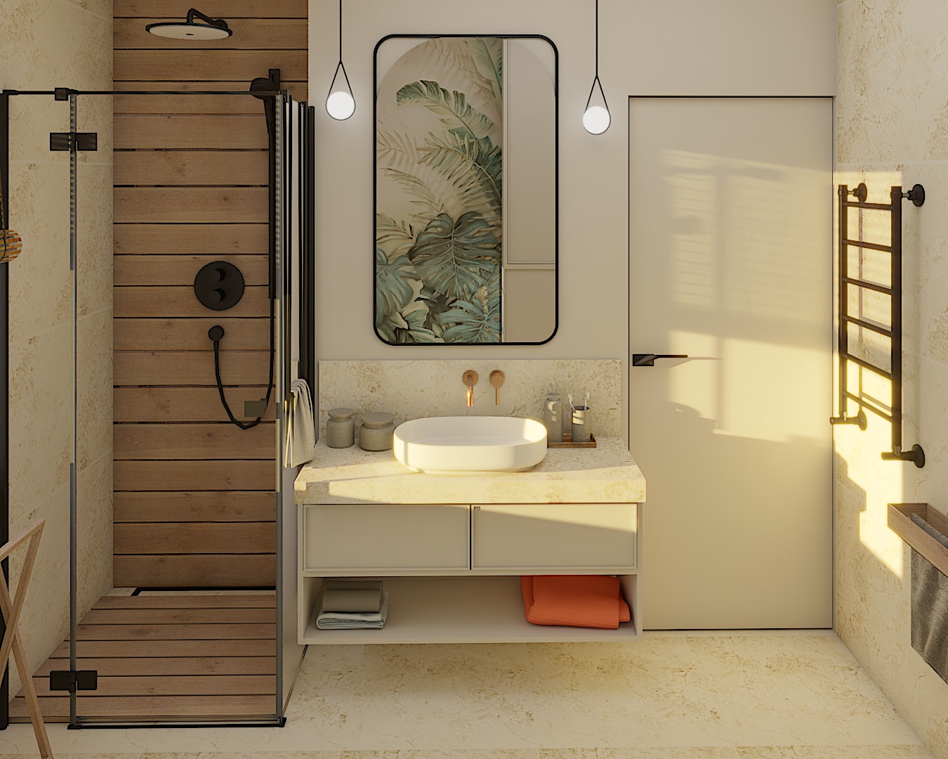 Nowoczesna łazienka z kabiną prysznicową wyłożoną drewnem, umywalką nablatową na szafce z marmurowym blatem i lustrem z motywem roślinnym.