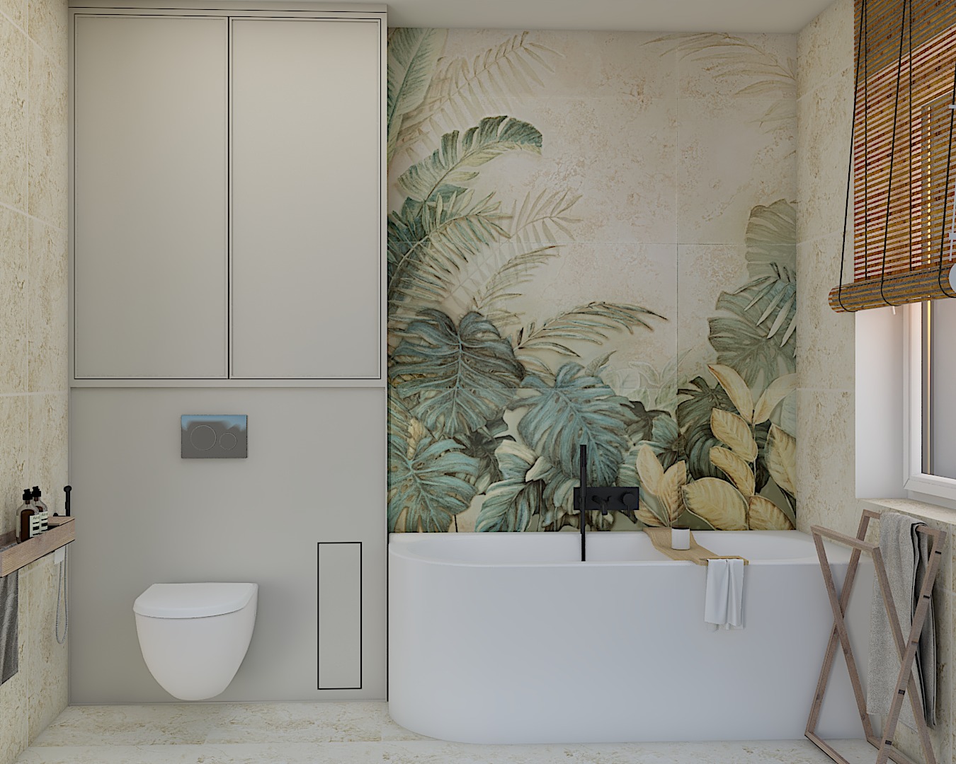 Nowoczesna łazienka z białą wanną, toaletą w zabudowie i szafkami wiszącymi, akcentowana ścianą z motywem tropikalnych liści i bambusową roletą.