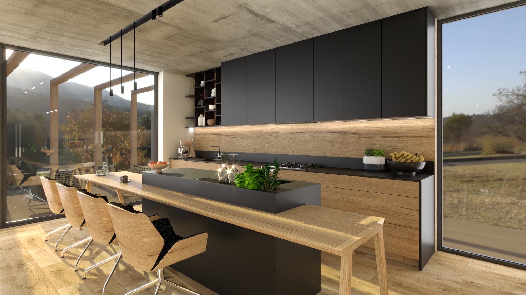 Nowoczesna kuchnia z drewnianymi blatami i czarnymi szafkami, wyspa kuchenna z wbudowaną donicą z ziołami, duże okna z widokiem na zewnątrz, krzesła z drewnianymi oparciami, betonowy sufit.