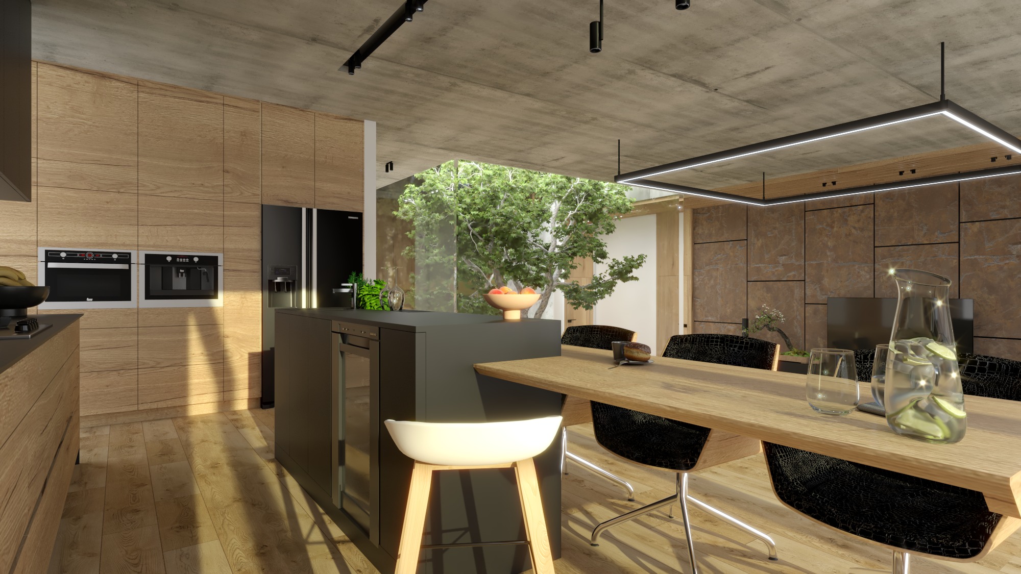 Nowoczesna kuchnia z drewnianymi frontami, czarną wyspą i dużym oknem z widokiem na zieleń; stół z krzesłami o fakturze skóry krokodyla, dzbanek z wodą i cytryną.