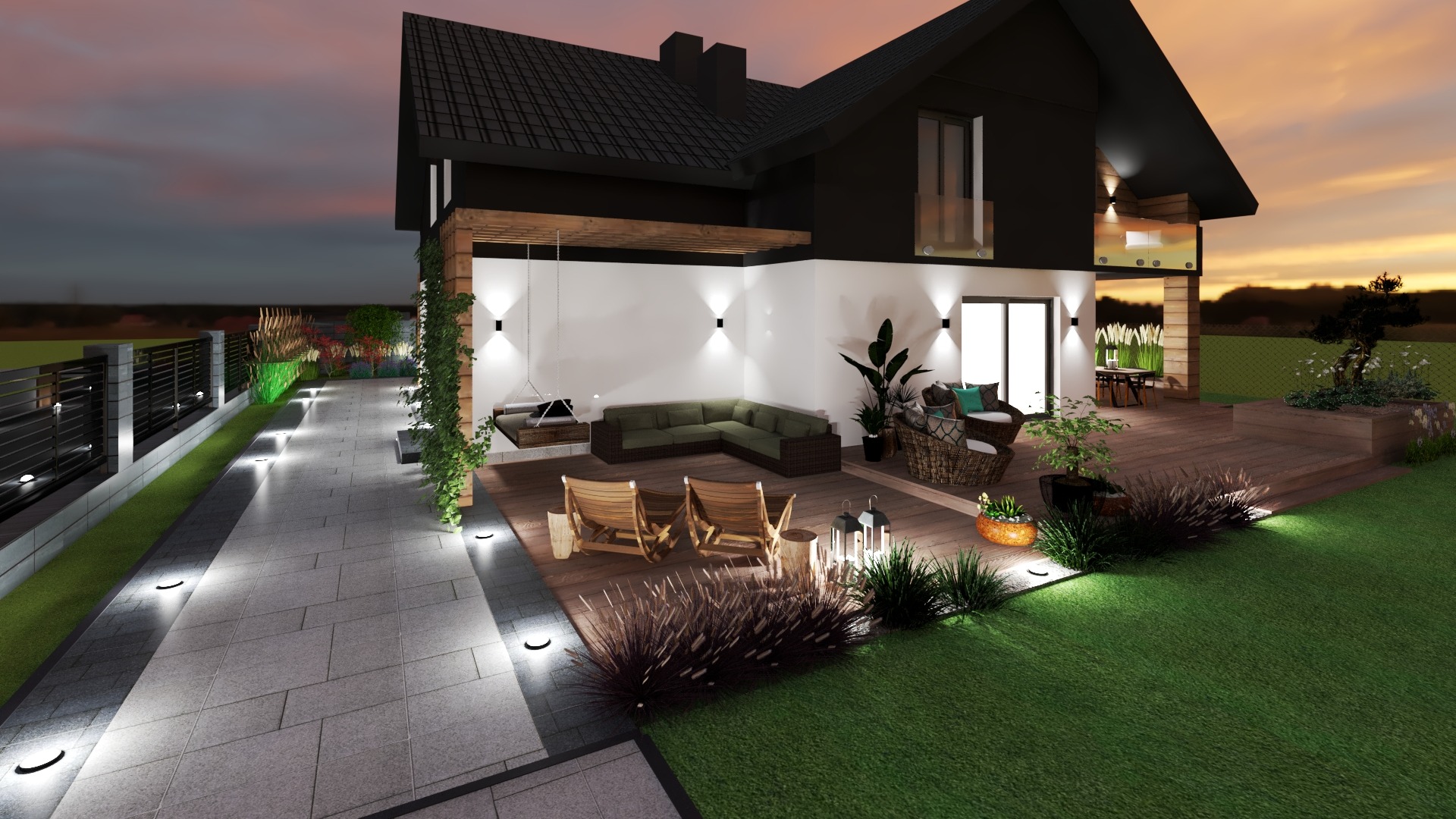 Nowoczesny dom z tarasem, oświetlonym chodnikiem i bujną zielenią, wieczorny krajobraz.