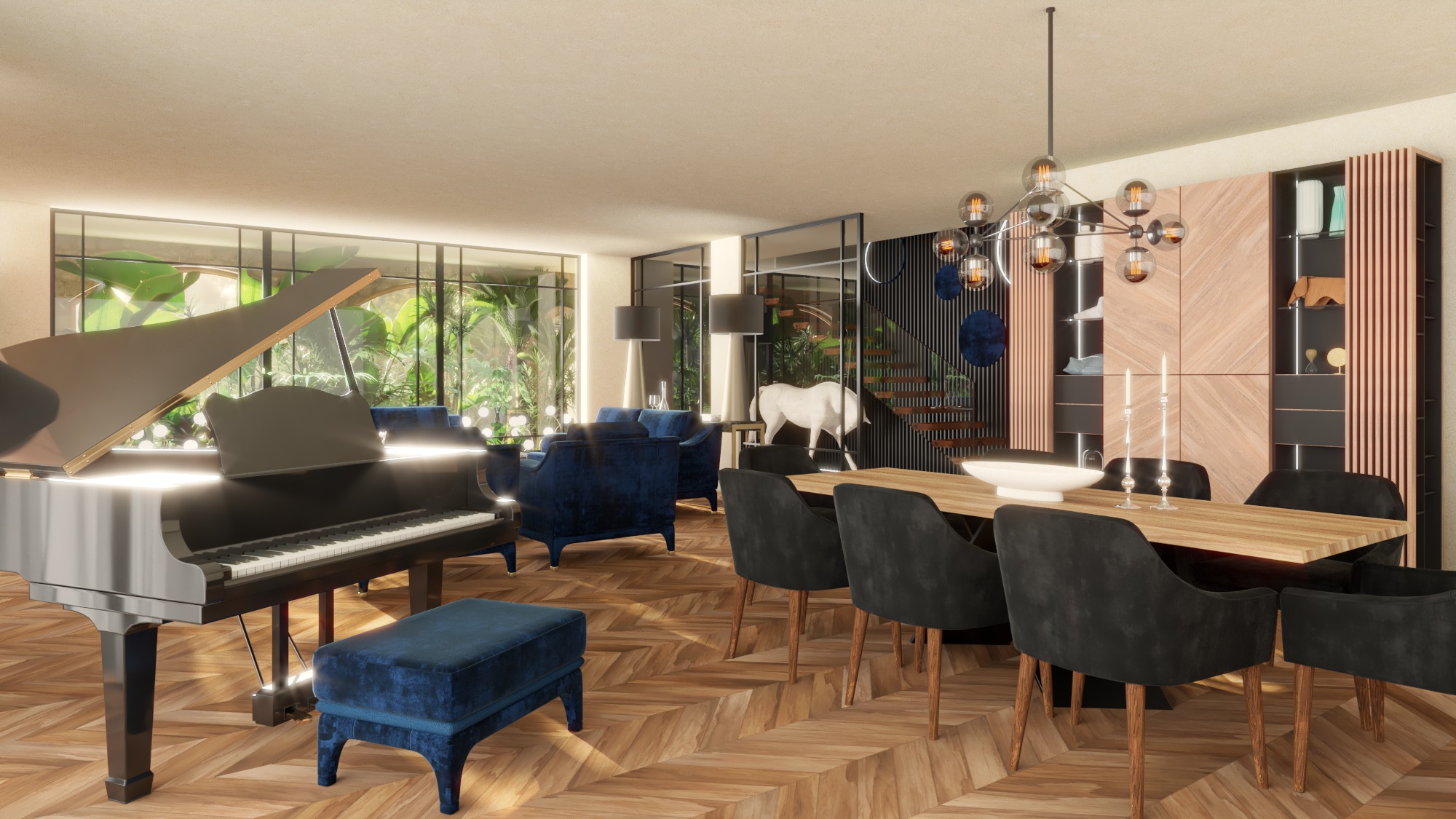 Ekskluzywne wnętrze salonu z fortepianem, drewnianym parkietem w jodełkę, ciemnymi krzesłami przy drewnianym stole, niebieskimi sofami i przeszkloną ścianą z widokiem na ogród.
