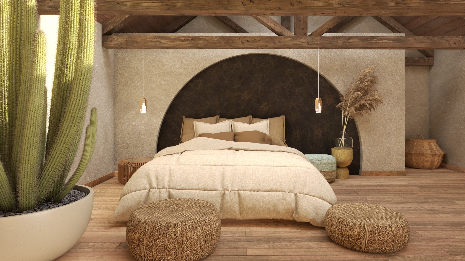 Beżowa sypialnia w stylu boho z drewnianą podłogą, łóżkiem z wezgłowiem w kształcie łuku, kaktusem w donicy i pampasową trawą w wazonie.