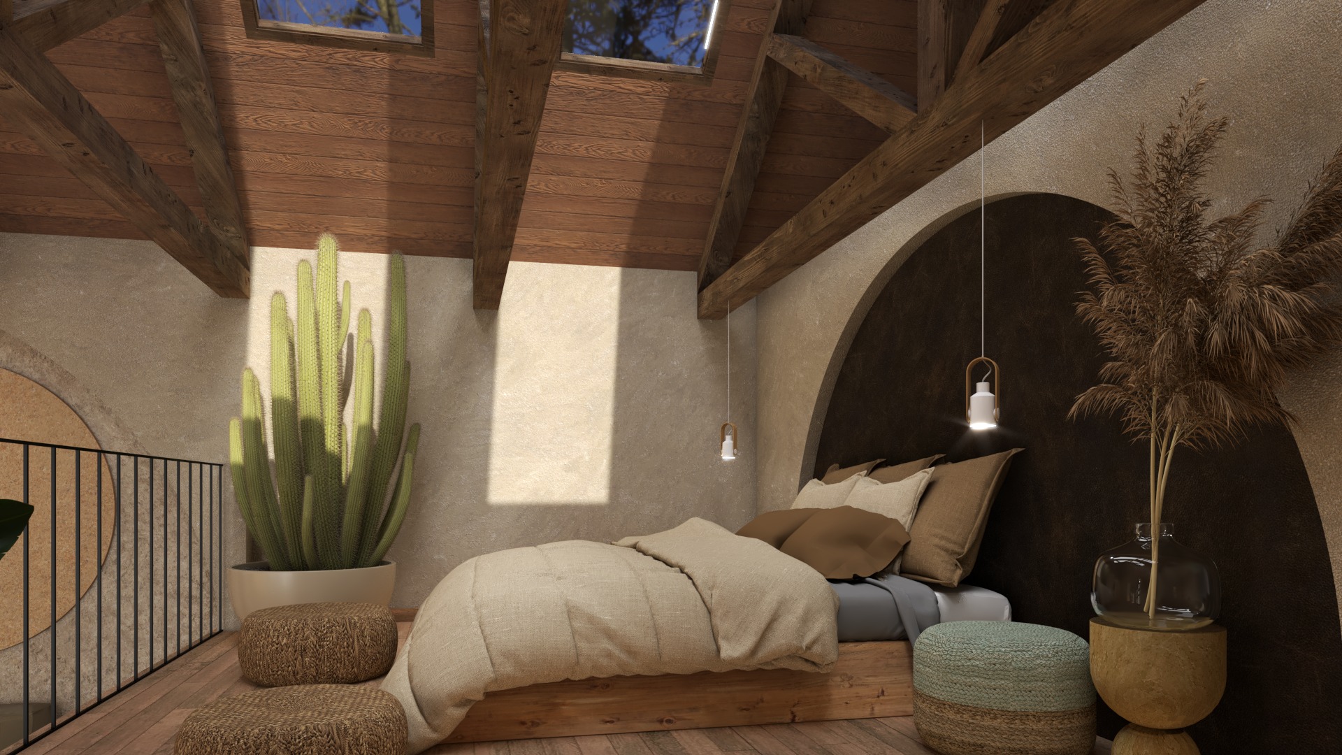 Sypialnia w stylu boho z drewnianym stropem i belkami, kaktusem w donicy przy balustradzie, łóżkiem na drewnianej platformie i dekoracyjną trawą w szklanym wazonie.