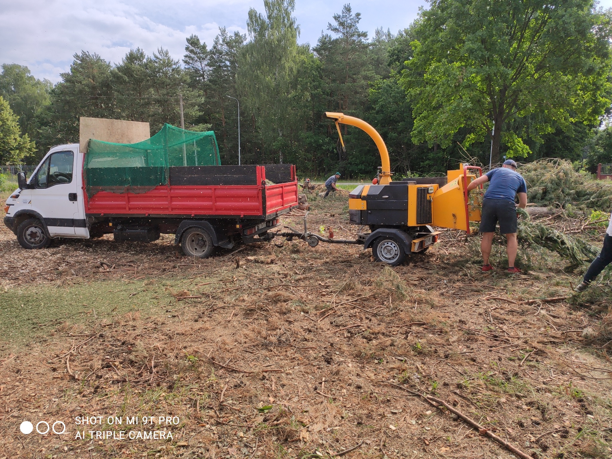Brygada podczas rozdrabniania gałęzi drzew za pomocą rębaka mobilnego podłączonego do ciężarówki z czerwoną skrzynią załadunkową, w tle las i trawnik pokryty zrębkami.