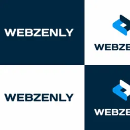 Cztery warianty logo firmy Webzenly: w dwóch wersjach na granatowym tle i w dwóch wersjach na białym tle. Logo składa się z nazwy firmy oraz symbolu graficznego w kształcie strzałki z elementem...