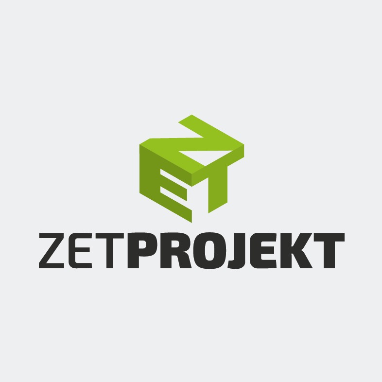 Logo firmy ZETPROJEKT z abstrakcyjnym, zielonym symbolem w kształcie trójwymiarowej litery Z nad napisem.