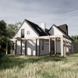 Wizualizacja rozbudowy domu wiejskiego z białymi ścianami i czarnym dachem, z drewnianą konstrukcją werandy, otoczonego zielenią w Czekarzewicach.