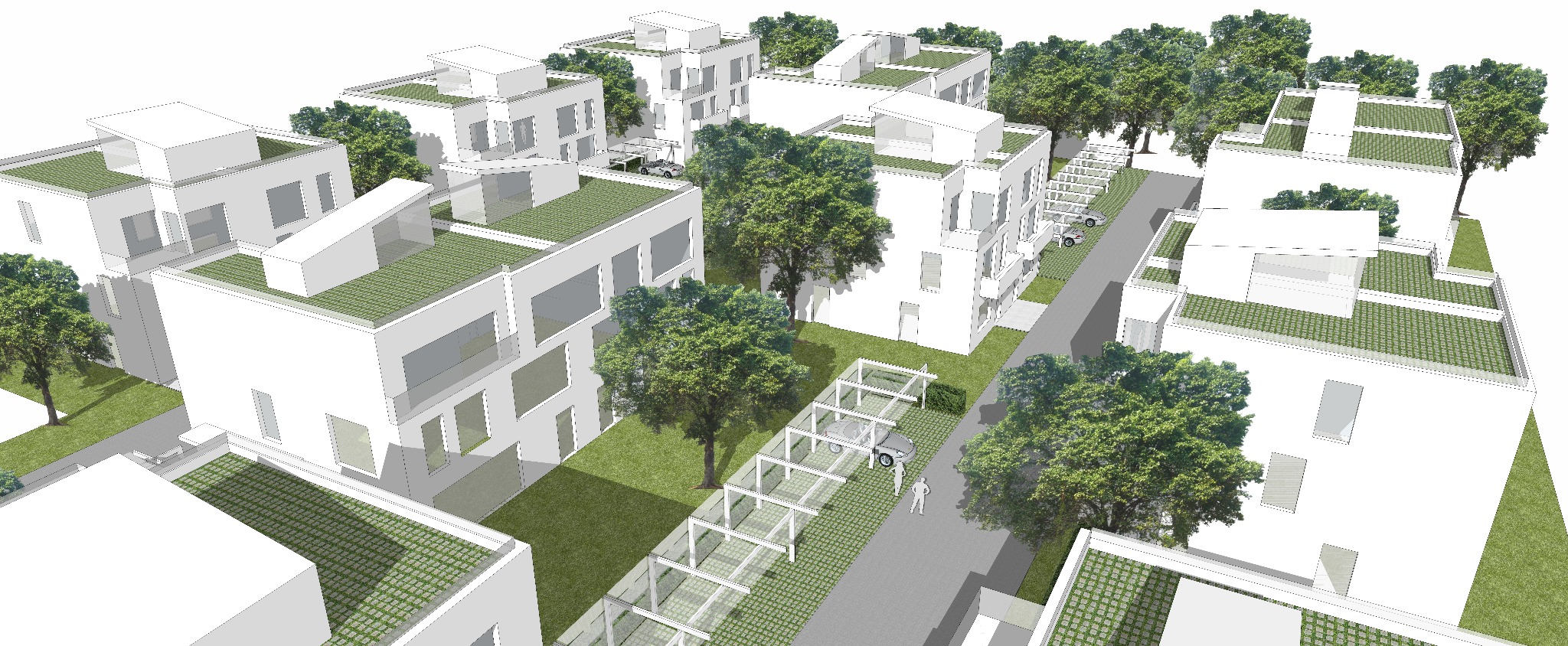 Wizualizacja osiedla domów jednorodzinnych z zielonymi dachami, zlokalizowanego w Warszawie przy ulicy Rokokowej. Ujęcie z góry ukazuje nowoczesną architekturę budynków, zieleń drzew i elementy...