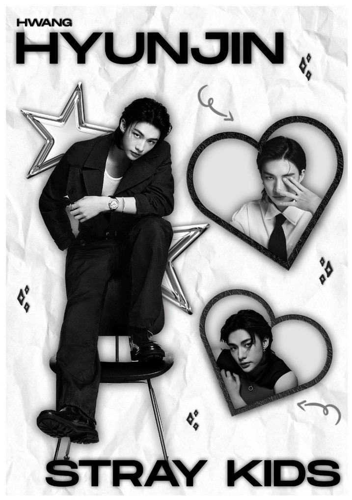 Czarno-biała kompozycja graficzna z wizerunkiem Hwang Hyunjina z Stray Kids, zawierająca jego zdjęcia w różnych ujęciach i stylizacjach, otoczone motywami gwiazd i serc na teksturowanym tle.