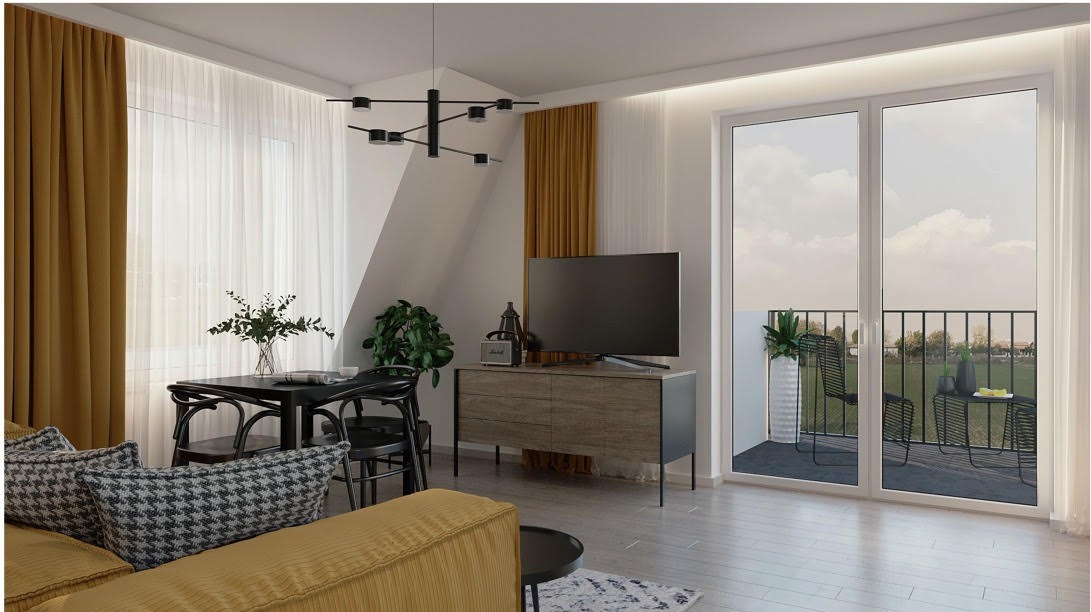 Jasne wnętrze pokoju dziennego z balkonem, z żółtymi zasłonami, szarymi poduszkami w jodełkę, czarnym stołem i krzesłami oraz komodą z telewizorem, oświetlone nowoczesną lampą sufitową.