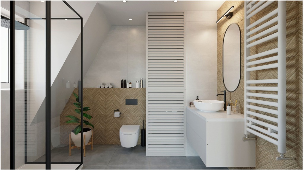 Nowoczesna łazienka na poddaszu z kabiną prysznicową typu walk-in, umywalką nablatową, grzejnikiem drabinkowym i akcentami drewna w jodełkę na ścianie.