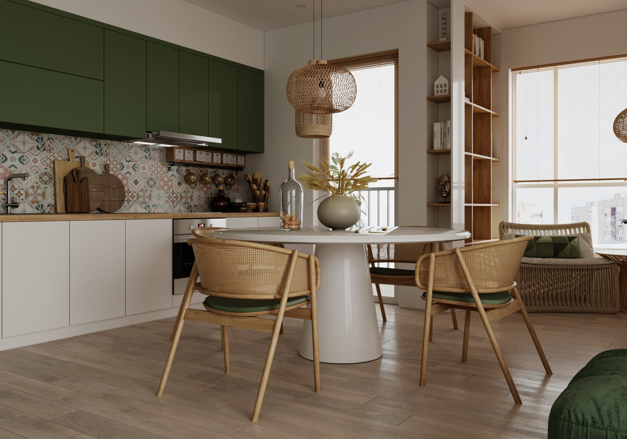 Jasna kuchnia z zielonymi szafkami, wzorzystą ścianą nad blatem, okrągłym białym stołem i krzesłami z rattanu; w tle okno z widokiem na miasto.