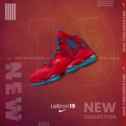 Czerwony but do koszykówki Nike LeBron 19 z turkusowymi akcentami na podeszwie i sznurówkach, prezentowany na tle w odcieniach czerwieni z elementami graficznymi i napisem 'NEW COLLECTION'.