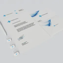 Komplet materiałów firmowych z logo Medicon: papier firmowy z tekstem Lorem Ipsum, wizytówki, koperty i spinacze biurowe z logo, ułożone na białym tle.