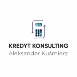 Logo firmy Kredyt Konsulting Aleksandra Kuśmierza z symbolem kalkulatora z procentami i strzałkami w górę i w dół.