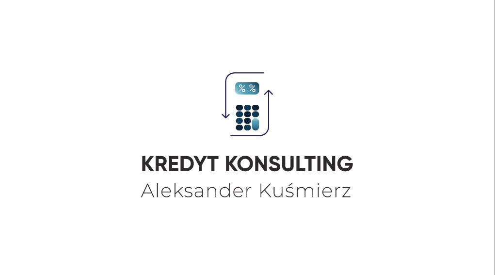 Logo firmy Kredyt Konsulting Aleksandra Kuśmierza z symbolem kalkulatora z procentami i strzałkami w górę i w dół.