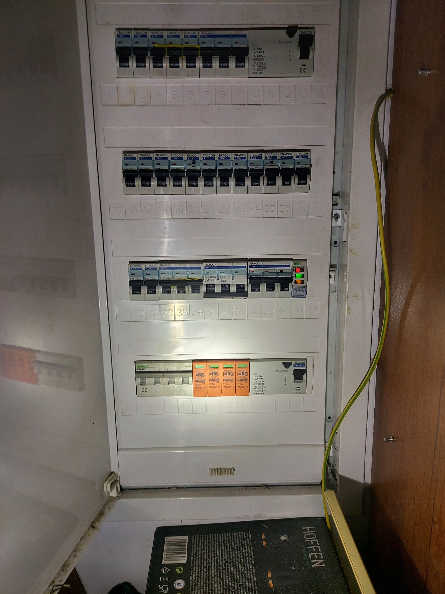 Otwarta skrzynka z bezpiecznikami, widoczne liczne wyłączniki nadprądowe i różnicowoprądowe marki Tracon i ELS, przewody elektryczne oraz fragment pudełka Hoffen Food Expert w dolnej części kadru.