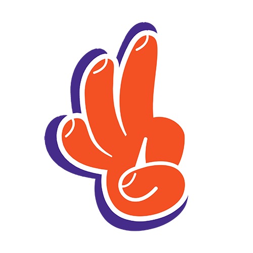 Stylizowana pomarańczowa dłoń z dwoma palcami uniesionymi w geście zwycięstwa, z fioletowym obrysem.