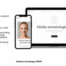 Prezentacja responsywnej strony internetowej kliniki stomatologicznej na laptopie i smartfonie. Na ekranie smartfona widoczna uśmiechnięta kobieta, na ekranie laptopa główna strona witryny z hasłem...