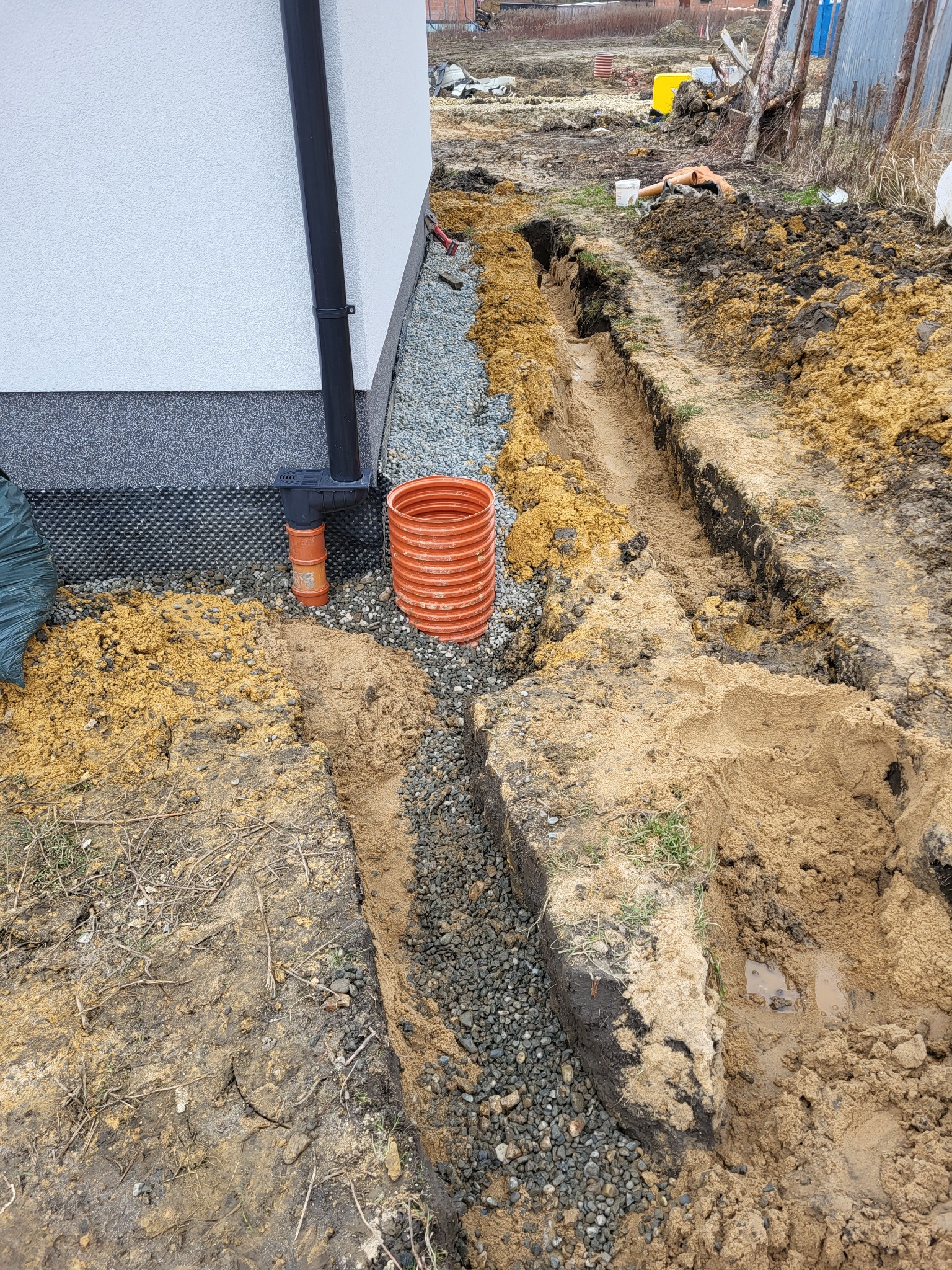Wykopany rów wzdłuż ściany budynku z widoczną izolacją fundamentów, podsypką żwirową i rurami drenarskimi, teren w trakcie prac ziemnych.