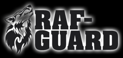 Logo firmy ochroniarskiej RAF-GUARD z wyciem wilka, czarno-biała grafika z efektem podświetlenia.
