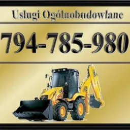 Żółta koparko-ładowarka JCB na złotym tle z numerem telefonu 794-785-980 i napisem Usługi Ogólnobudowlane w czarnej ramce. Grafika reklamowa.