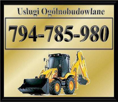 Żółta koparko-ładowarka JCB na złotym tle z numerem telefonu 794-785-980 i napisem Usługi Ogólnobudowlane w czarnej ramce. Grafika reklamowa.