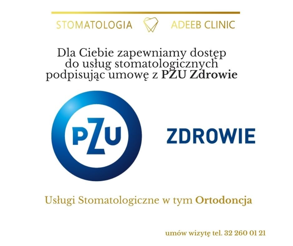 Grafika informacyjna kliniki stomatologicznej Adeeb Clinic oferującej usługi stomatologiczne, w tym ortodoncję, w ramach umowy z PZU Zdrowie. Zawiera logo PZU Zdrowie i numer telefonu do umawiania...