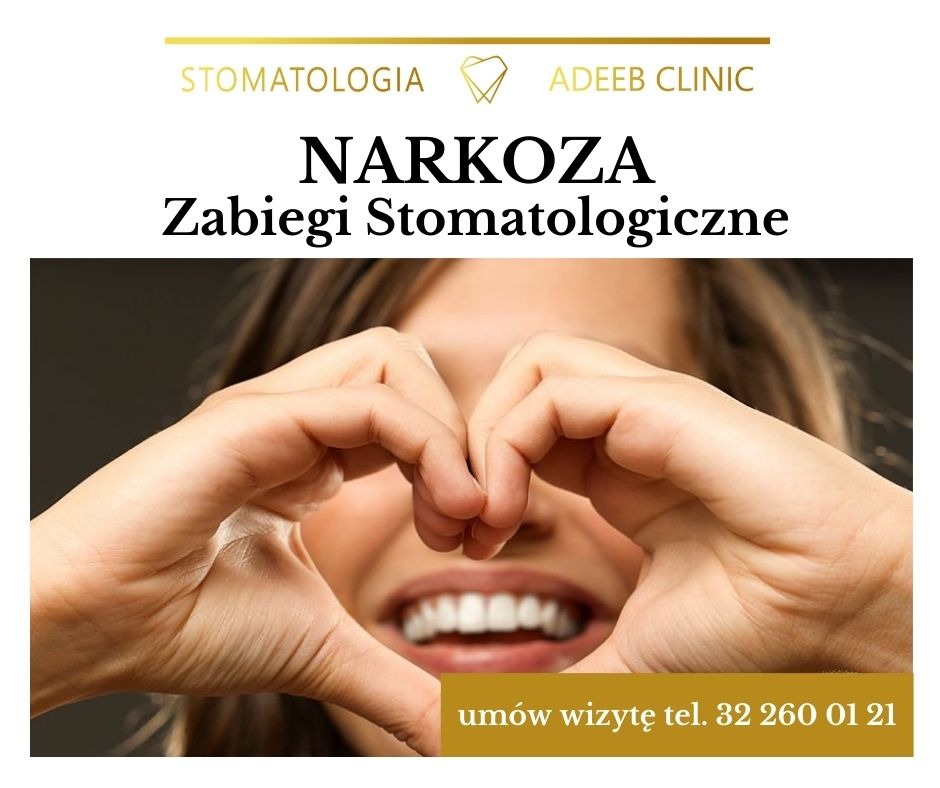 Uśmiechnięta kobieta z dłońmi ułożonymi w kształt serca, promująca zabiegi stomatologiczne w narkozie w Adeeb Clinic. Widoczny numer telefonu do umawiania wizyt.