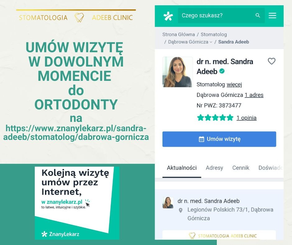 Zrzut ekranu strony ZnanyLekarz.pl z ofertą umówienia wizyty do ortodonty w Stomatologii Adeeb Clinic w Dąbrowie Górniczej, prezentujący profil lekarza i możliwość rezerwacji terminu online.