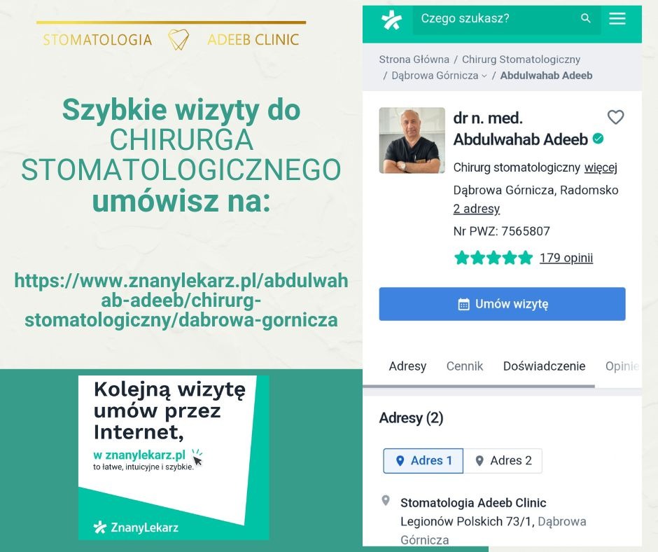 Grafika reklamowa kliniki stomatologicznej Adeeb Clinic z Dąbrowy Górniczej, zachęcająca do umówienia wizyty u chirurga stomatologicznego przez portal ZnanyLekarz.pl, zawierająca zdjęcie profilowe...