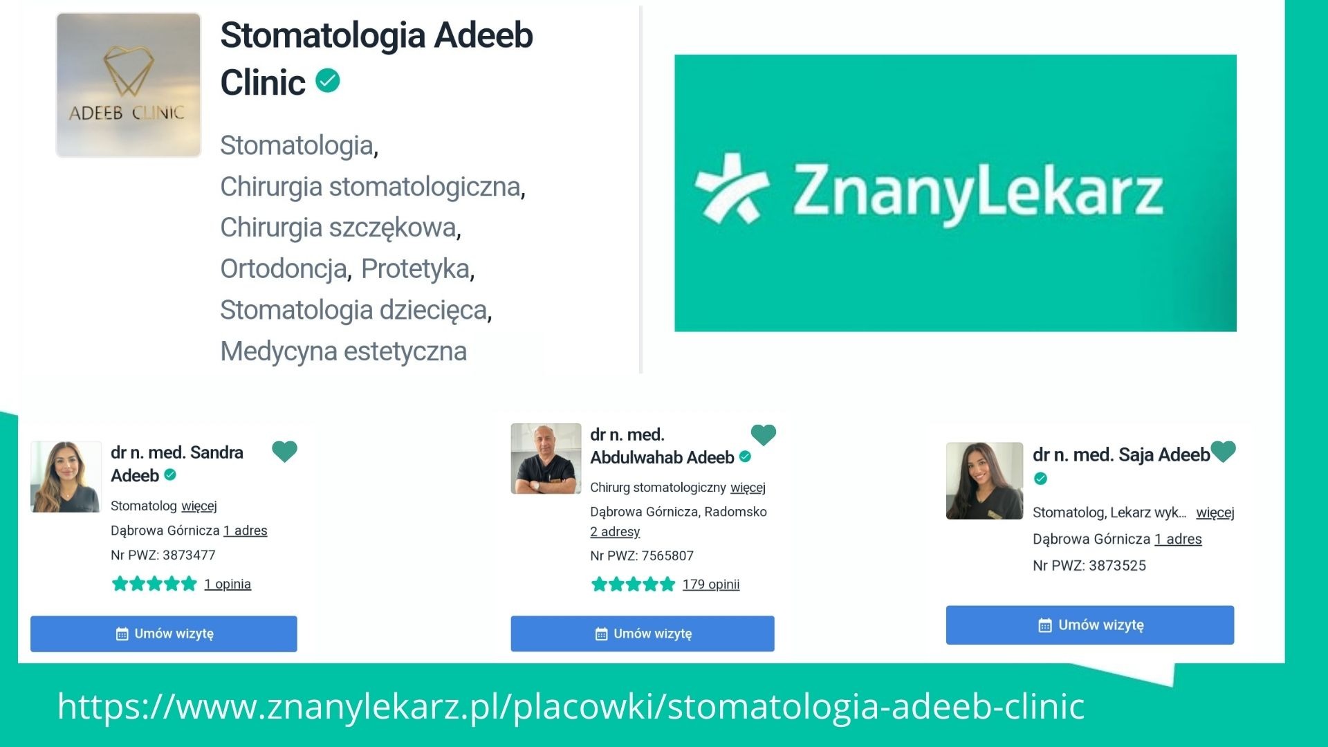 Strona profilu kliniki stomatologicznej Adeeb Clinic na portalu ZnanyLekarz.pl, prezentująca listę lekarzy specjalistów i oferowane usługi: stomatologia, chirurgia stomatologiczna, chirurgia...