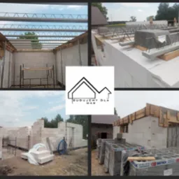 Cztery ujęcia z budowy domu z bloczków: widok z wnętrza na metalową konstrukcję stropu, zbliżenie bloczków zbrojonych, ściany w trakcie wznoszenia, palety z bloczkami na budowie; w centrum logo...