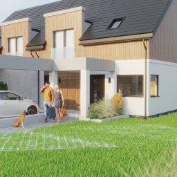 Kliminowska Design - Wizualizacja nowoczesnego domu jednorodzinnego z podjazdem wyłożonym ażurowymi płytami trawnikowymi, na którym siedzi pies, a obok para z bagażami. W tle widoczny biały samochód i hamak.