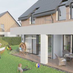 Kliminowska Design - Wizualizacja nowoczesnego domu jednorodzinnego z drewnianą elewacją, tarasem z meblami ogrodowymi i ogrodem z hamakiem oraz huśtawką typu kokon.