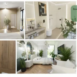 Kompilacja wizualizacji wnętrz: sypialnia z marmurową ścianą, łazienka z beżowymi płytkami, pokój dziecięcy z łóżkiem piętrowym i wizualizacja elewacji budynku.