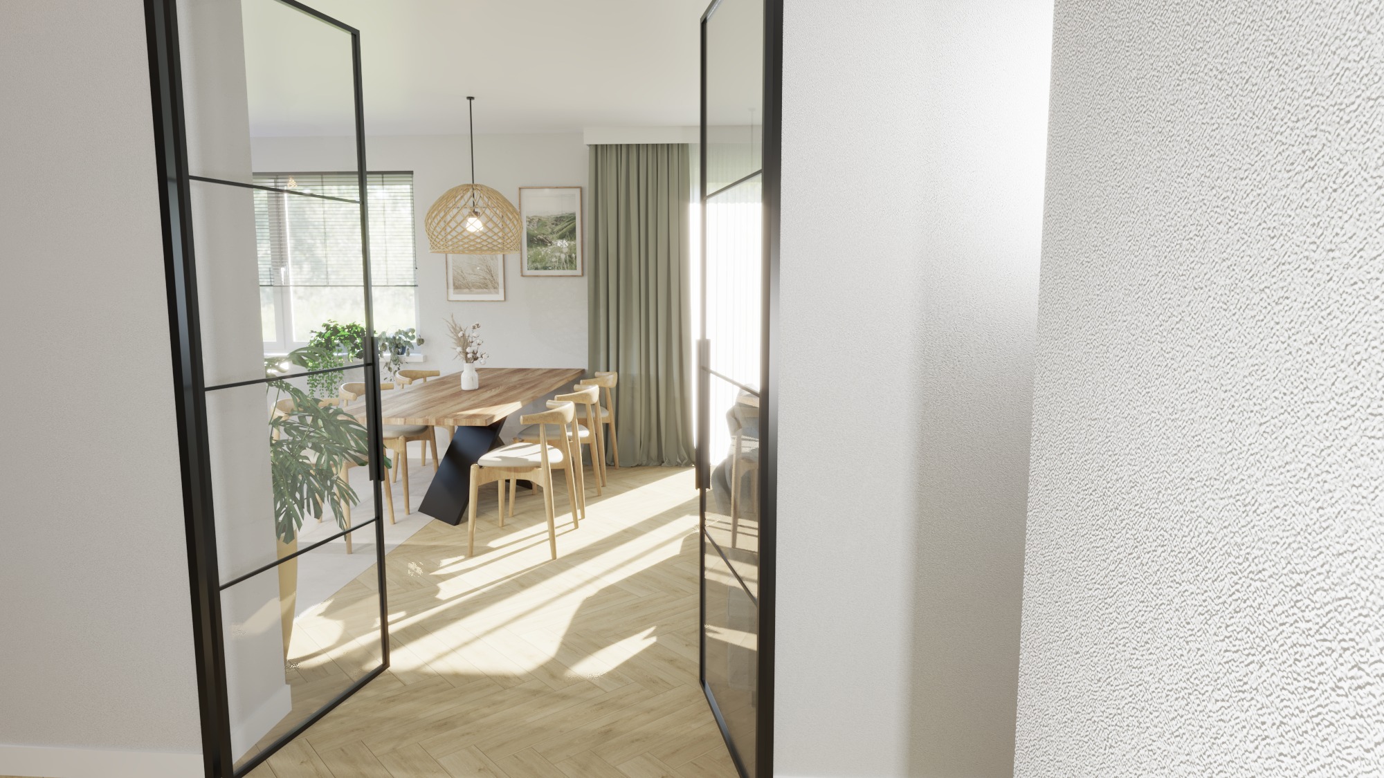 Wnętrze jadalni z drewnianym stołem, krzesłami i lampą, widoczne przez szklane drzwi z czarną ramą, parkiet w jodełkę, jasne ściany i zasłony.