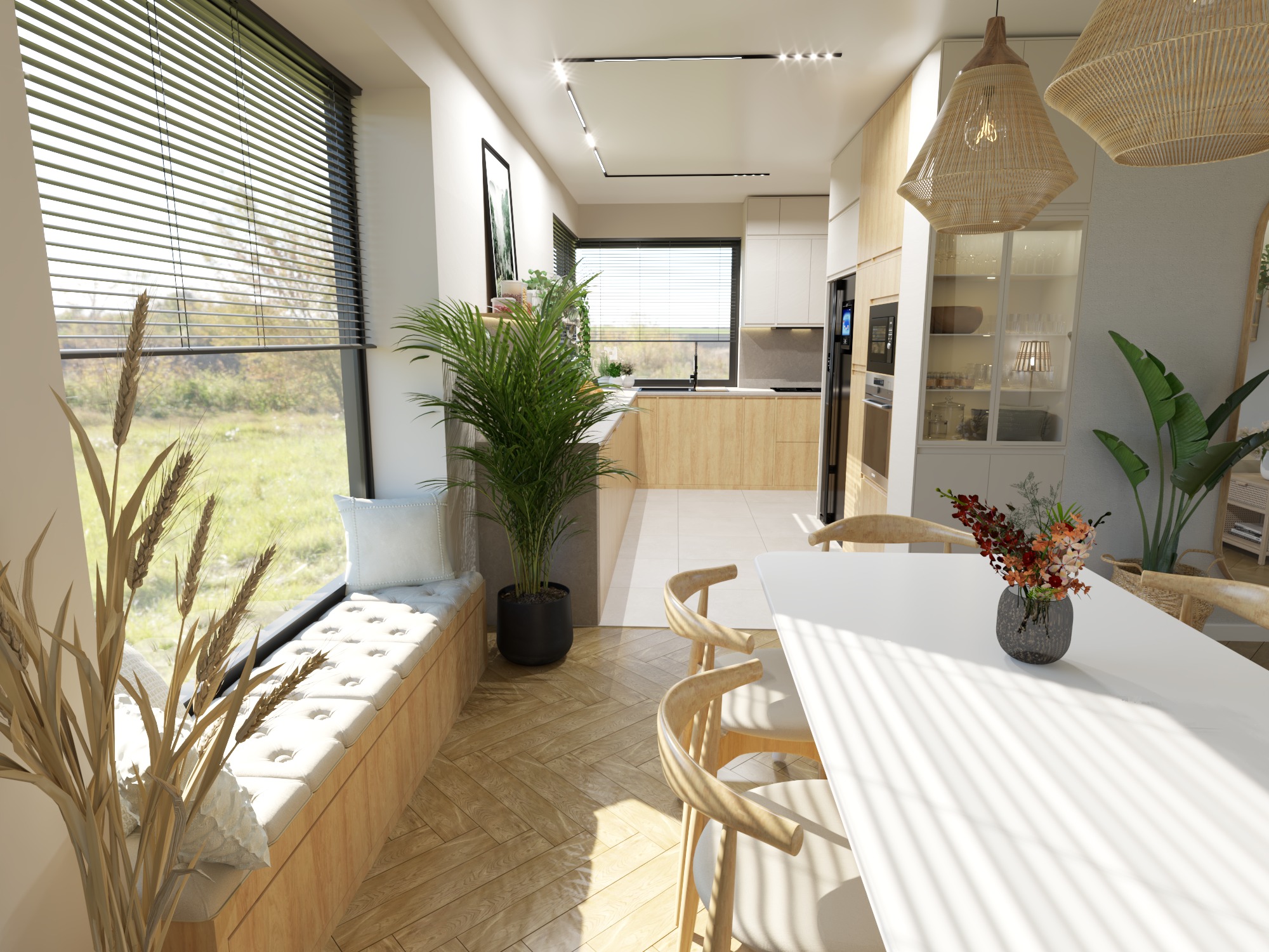 Jasna kuchnia z jadalnią w stylu skandynawskim, z dużym oknem z siedziskiem, drewnianą podłogą w jodełkę i białym stołem z kwiatami.